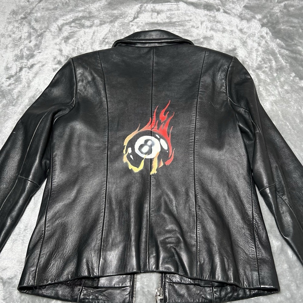 Leather Jacket Women Size Small Custom Made 8 Ball Y2K Punk Lamb Skin